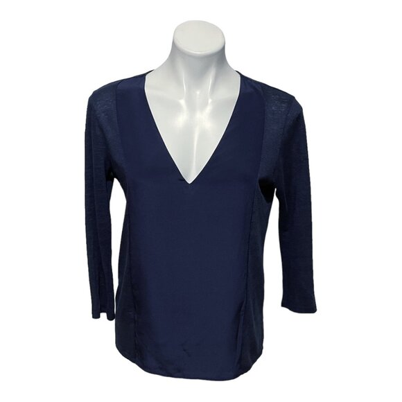 Sandro Paris Medium Large Long Sleeve V Neck Navy Linen Silk Blend Top - Picture 2 of 7